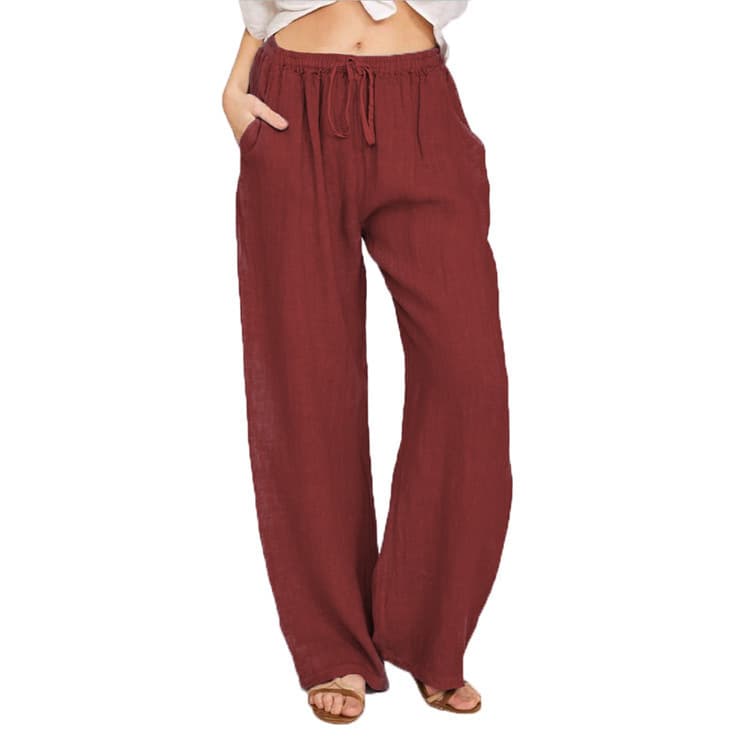 European and American Cross-border Amazon Men's Cotton Linen Loose Casual Sports Long Pants with Pockets and Drawstring, Solid Color Trendy Business Pants