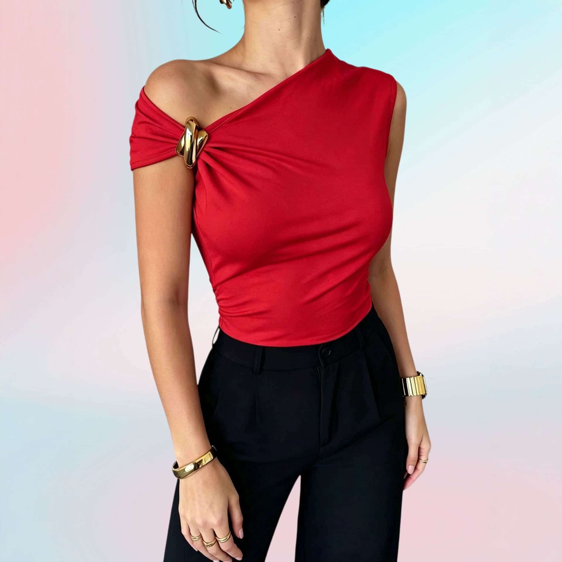 In Stock Cross-Border 2026 Summer New Arrival Chic Simple Sleeveless Metal Ring Design Solid Color Slimming Vest Top