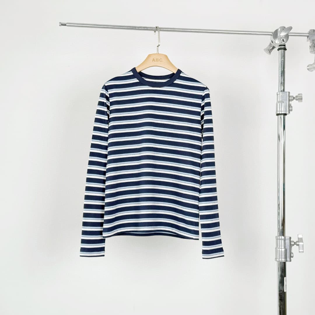 【Live Stream Supply Chain】American Vintage Blue and White Striped Women's Cotton Crew Neck Long Sleeve T-Shirt LST030