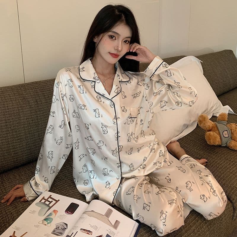 Cross-Border Spring/Summer New Silk-Like Pajama Set for Women, Premium Sweet Rabbit Print Thin Homewear Set Wholesale