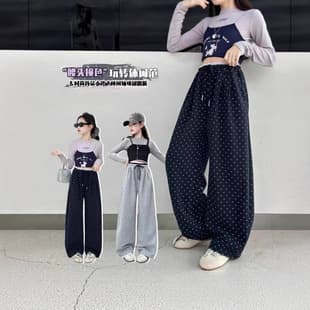 Girls Pants 2025 New Style Children Autumn Polka Dot Wide Leg Pants Middle Big Girl Casual Pants Loose Straight Pants