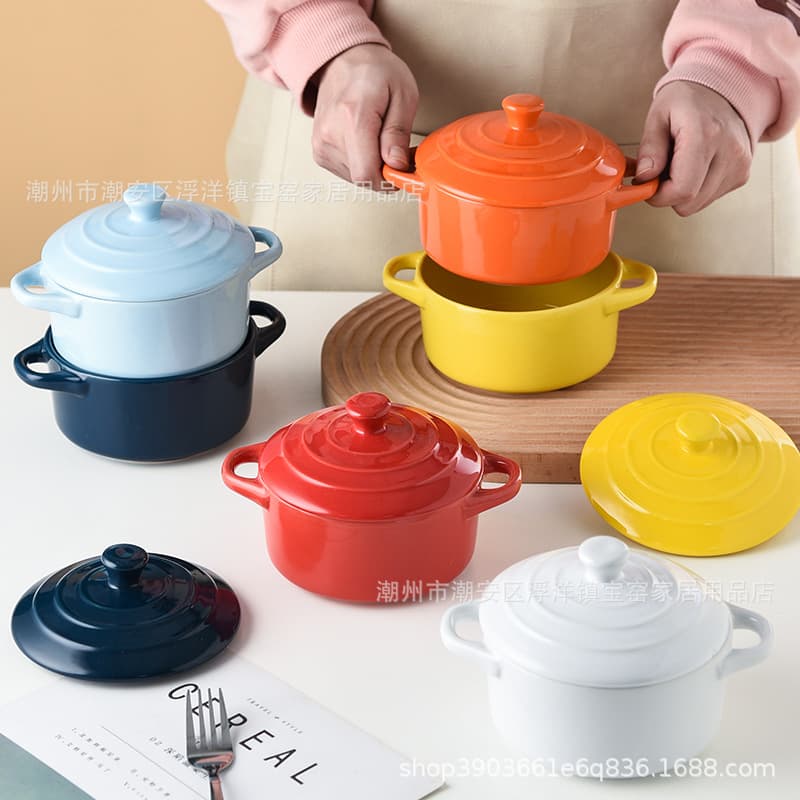 Ceramic Bowl with Lid, Household Stew Bowl, Egg Steaming Bowl, Double-Ear Anti-Scald Bowl, Souffle Baking Bowl, Oven-Safe Tableware