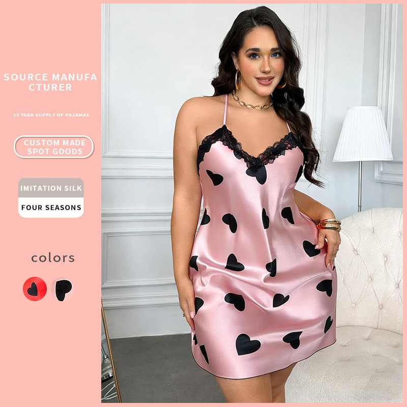 Love Ice Silk Pajamas Women Summer New Plus Size Sleep Dress Sexy Backless Breathable Spaghetti Strap Homewear