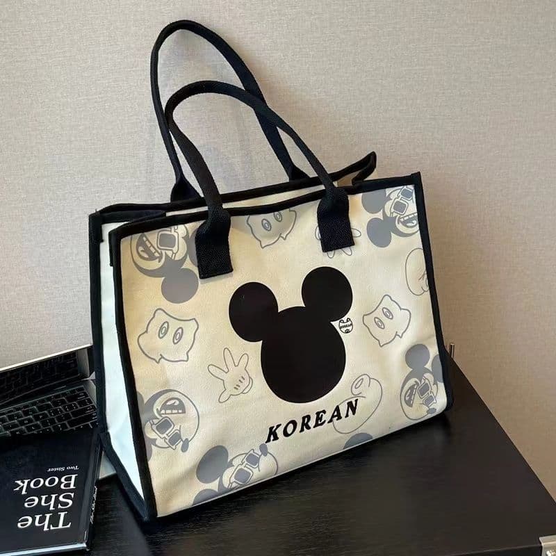 Large Capacity Canvas Tote Bag for Women 2024 New Cartoon Mickey Print Handbag Shopping Bag Versatile Tote