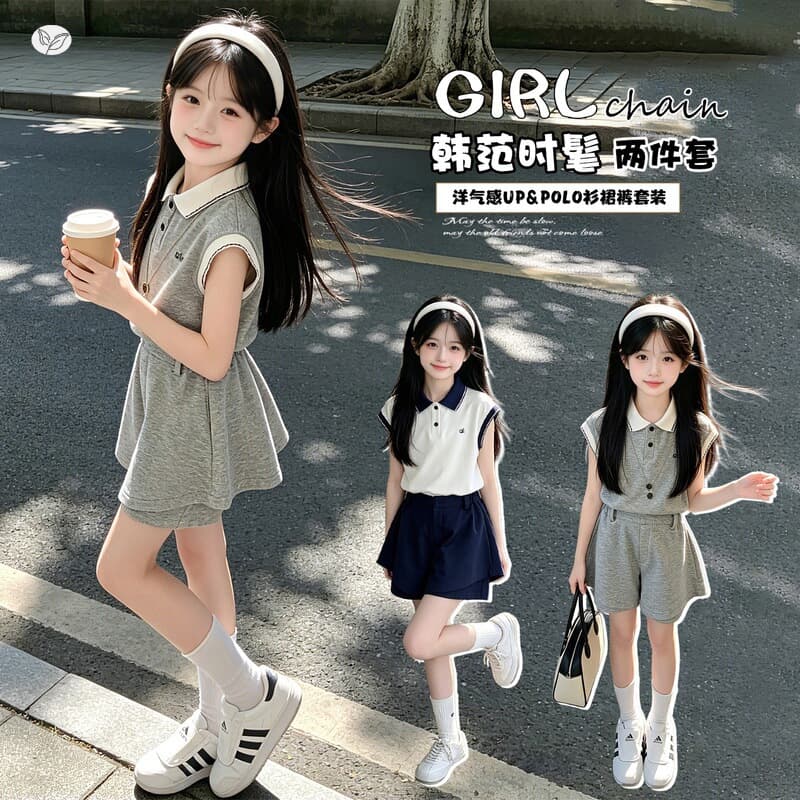 Girls Korean Sport Set 2026 Summer New Contrast Color Sleeveless Polo Shirt and Skirt Shorts Two-Piece Set for Middle and Big Kids