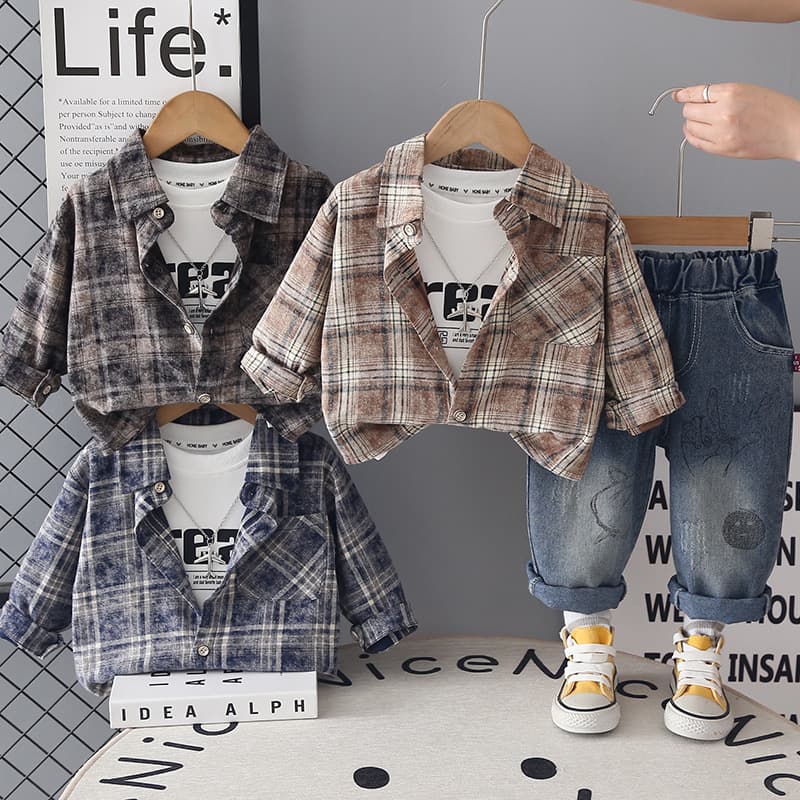 2026 Children's Clothing Boys Spring and Autumn Suit New Baby Clothes Children's Plaid Shirt Long Sleeve Three-piece Set Trendy Wholesale