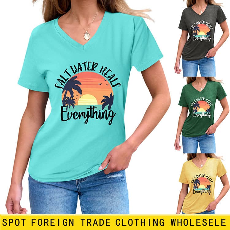 Summer eBay Independent Site Fashionable Women's V-Neck Salt Water Heals Short Sleeve T-Shirt Cross-Border Trade