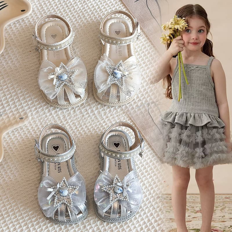 Girls Anti-Kick Sandals, Soft Sole Non-Slip Princess Shoes, Summer Rhinestone Star Mesh Toe-Cover Shoes