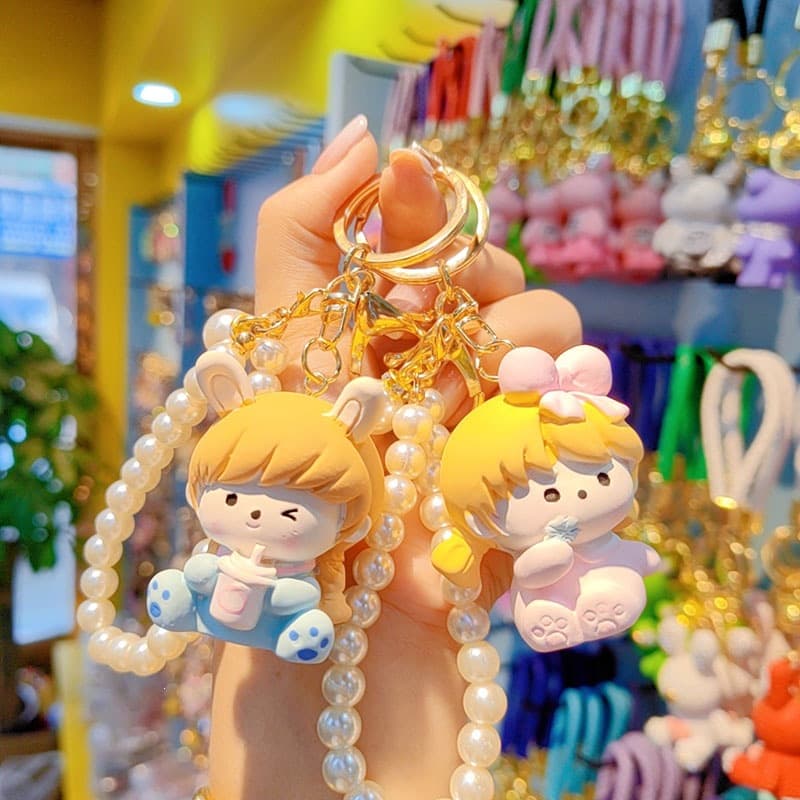 Cartoon Rabbit Sugar Resin Keychain Pendant Pearl Beaded Bracelet Bag Keychain Car Keychain Wholesale