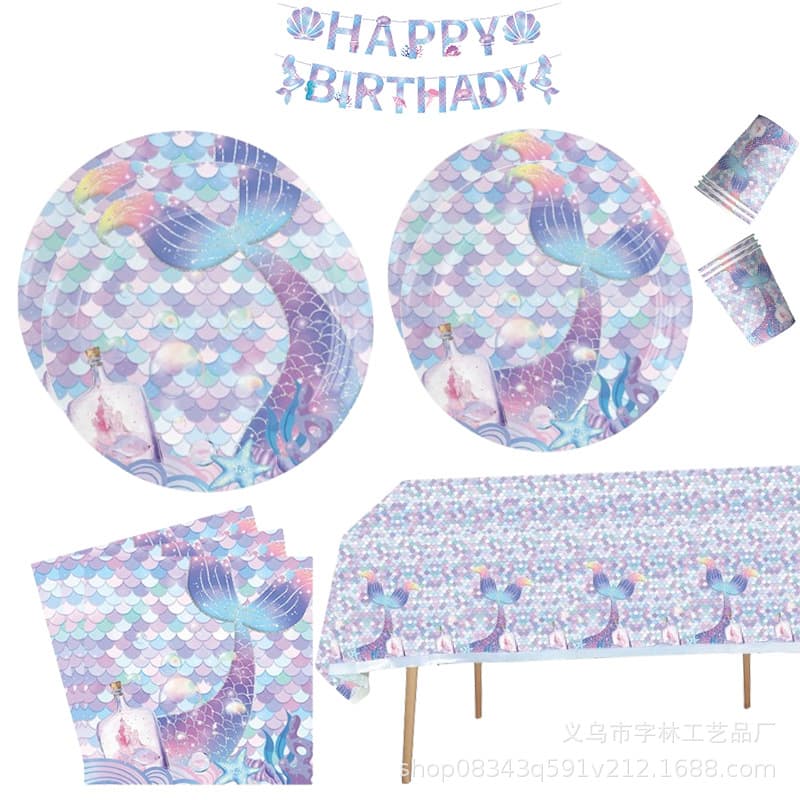 Mermaid Party Banner Decoration Disposable Paper Plate Tissue Tableware Set Fishtail Theme Birthday Party Supplies
