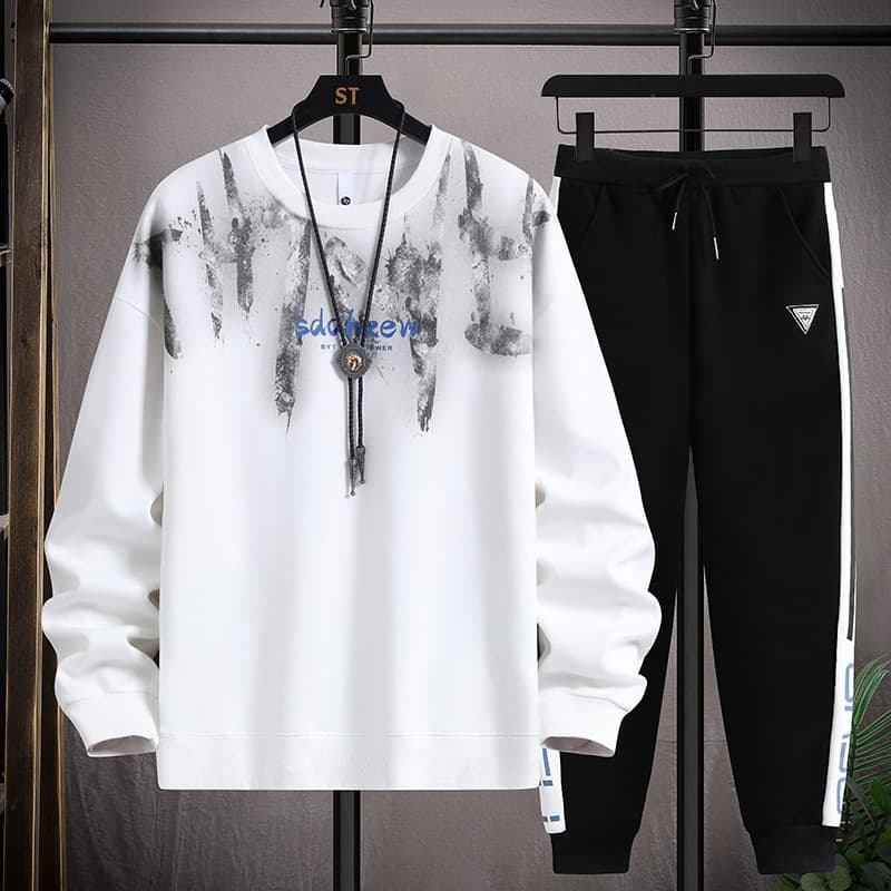 Spring/Autumn Round Neck Sweatshirt Set for Boys Middle and High School Students Long Sleeve Base Layer Youth Faux Two-Piece Tops Trendy
