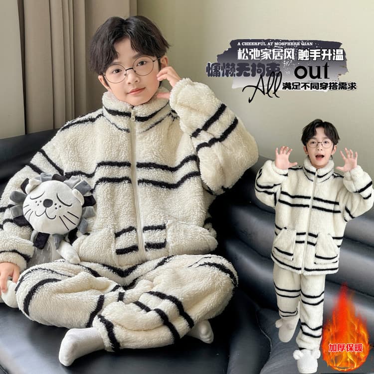Children's Boys Winter High Neck Flannel Pajamas, Teenager Autumn/Winter Coral Fleece Thickened Home Wear
