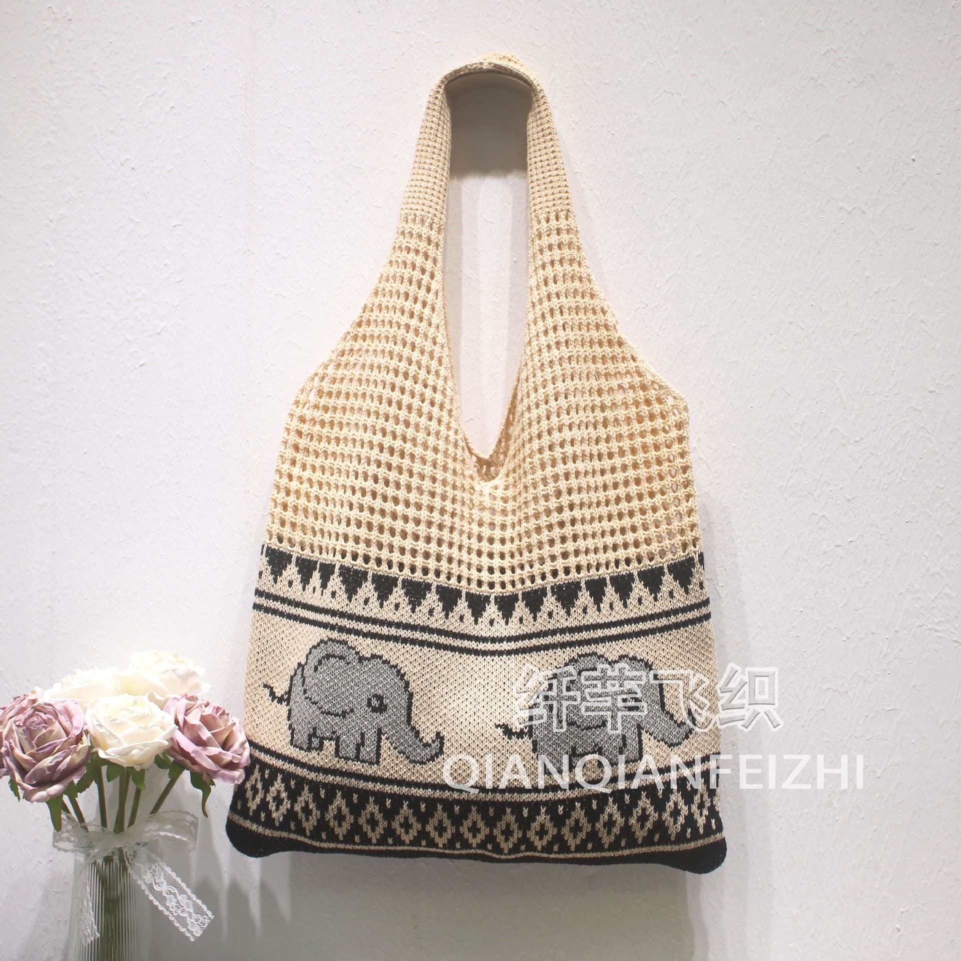 Knitted Bag Retro Mesh Hollow Simple Woven Bag Women's Bag Shoulder Bag Bags Woolen Handbag Shopping Bag