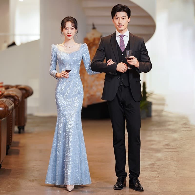 Blue sequined long-sleeved fishtail evening dress for women 2026 new host temperament banquet toast dress dress
