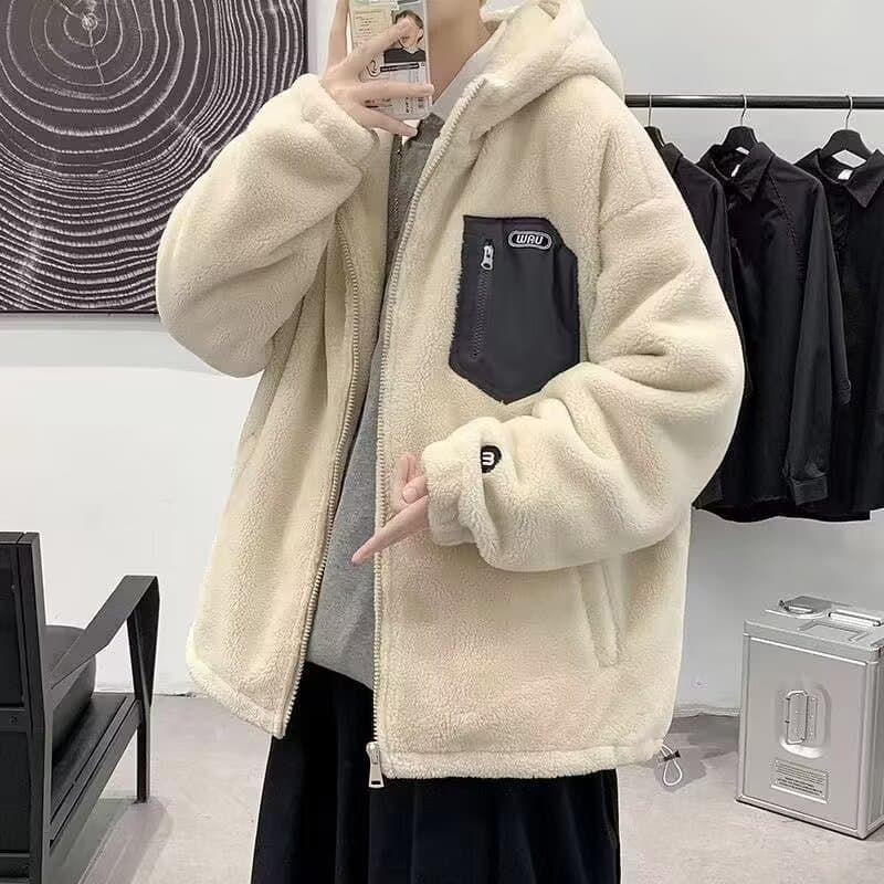 Trendy Loose-Fit Men's Cotton Coat Thickened Winter Lined With Sheep Velvet Hong Kong Style Ins Casual Workwear Padded Jacket