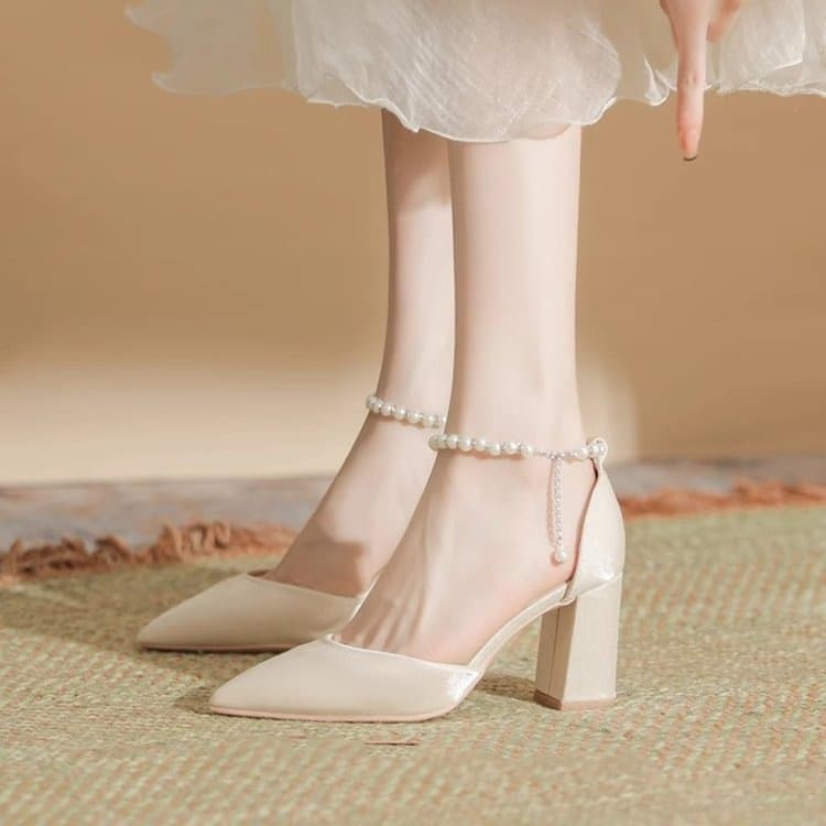 Women's One-Strap Sandals, 2026 Spring/Summer New Style, Versatile High Heels, Elegant Design, French Pointed-Toe Pearl Flats