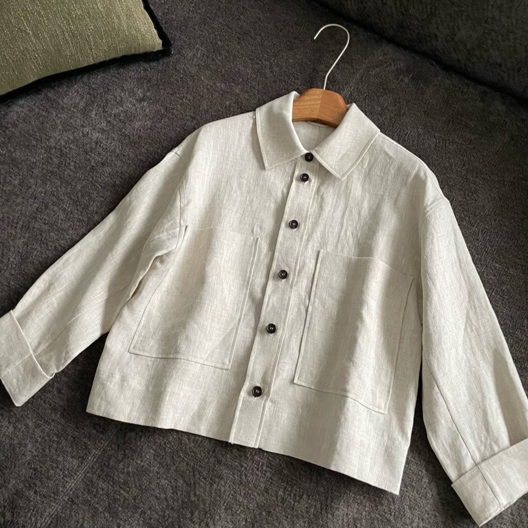 French Old Money Trench Linen Short Jacket Spring Summer Large Pocket Loose Long Sleeve Casual Shirt Women Z6003Z