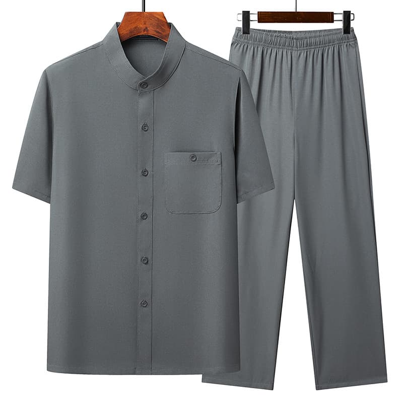 Chinese-style Tang suit for middle-aged and elderly men, summer set, father and grandfather outfit, morning exercise, Chinese-style frog buttons, solid color, elegant