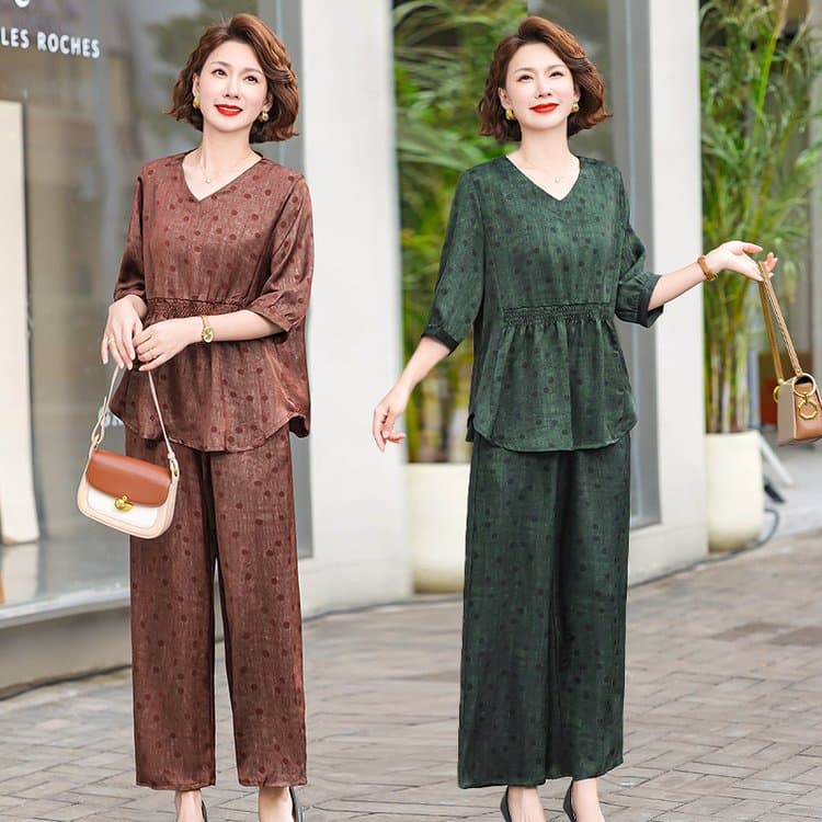 Mother's Summer New High-End Elegant Two-Piece Set Middle-Aged and Elderly Women's Noble Lady Tummy-Hiding Slimming Top and Pants