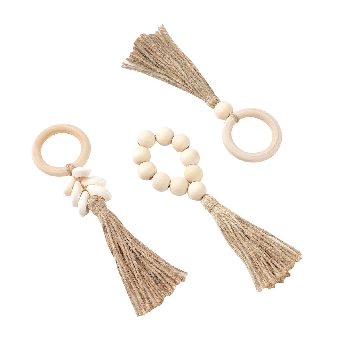 Hot-Selling Cross-border Style Hemp Rope Natural Wood Beads Fringe Tassels Napkin Rings Handwoven Napkin Loops