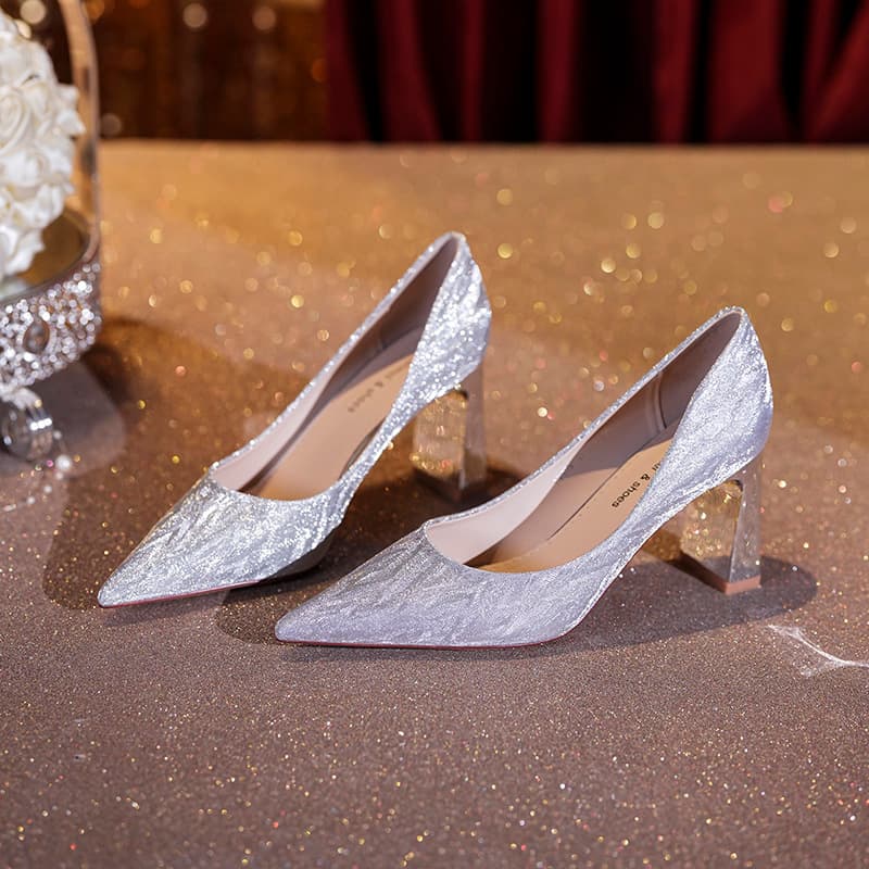 7777D High Heels Women's Sequin Bridesmaid Shoes Wedding Shoes New Thick Heel Pointed Design Sense Niche Elegant Single Shoes for Women