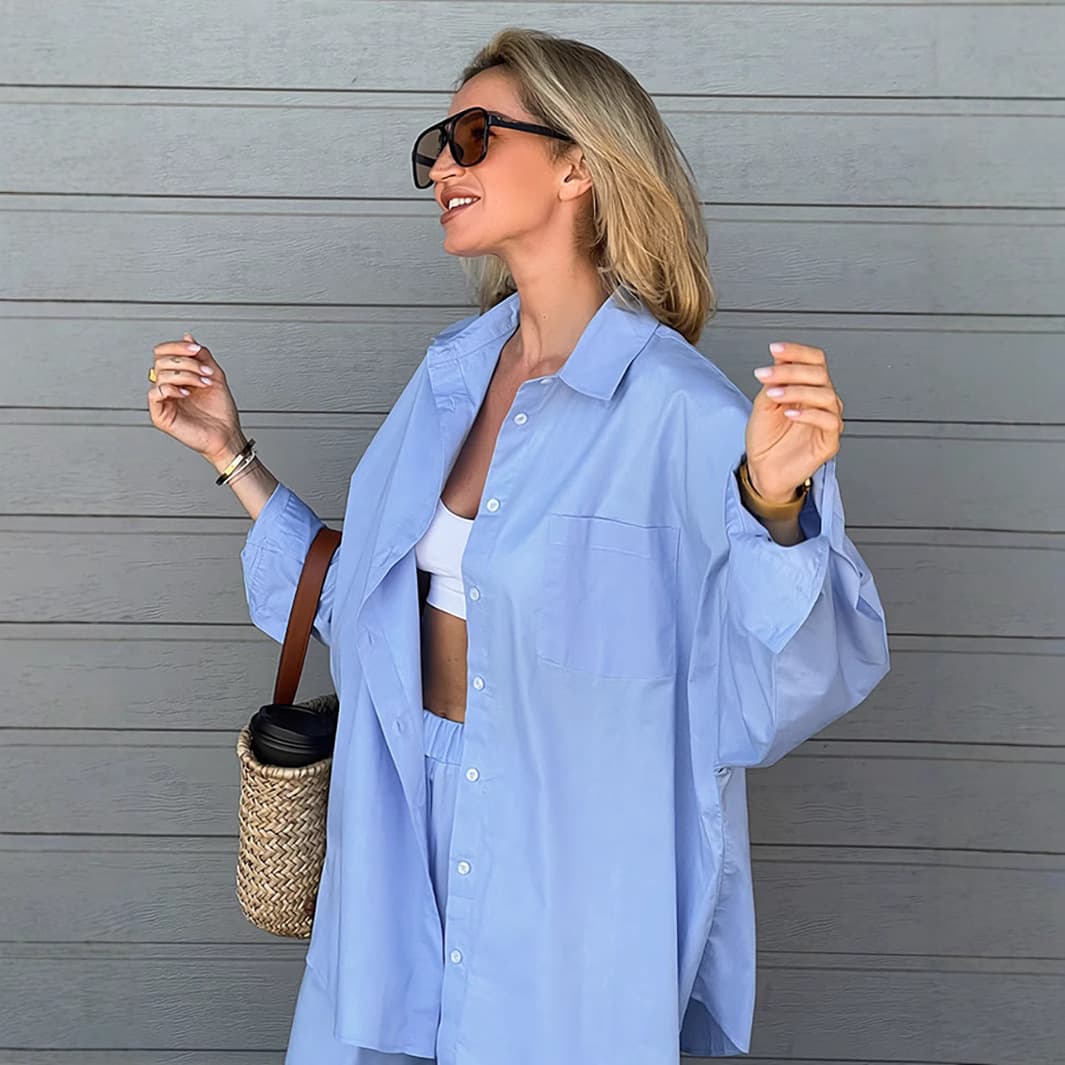 2025 European and American cross-border TEMUwish loose two-piece wide-leg trouser casual suit wholesale apricot color