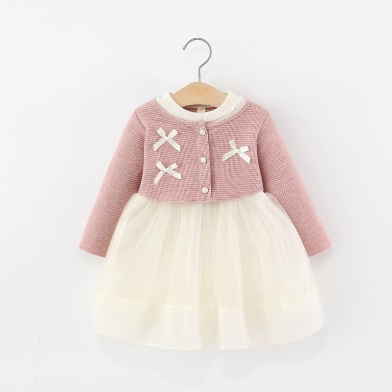Fashionable Girls Dress for Spring/Autumn, Kids Baby Girls Fake Two-Piece Bow Mesh Tulle Princess Dress Trendy