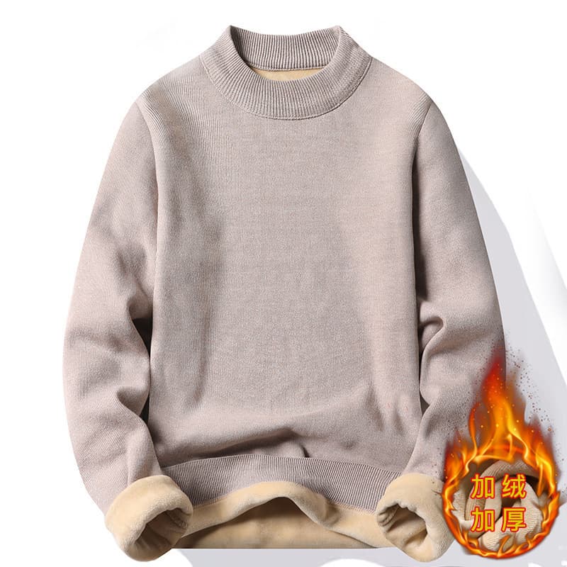 2024 Autumn/Winter Men's Thickened Half-Turtleneck Fleece Knit Sweater, Solid Color Mid-High Neck Casual Korean Style Top