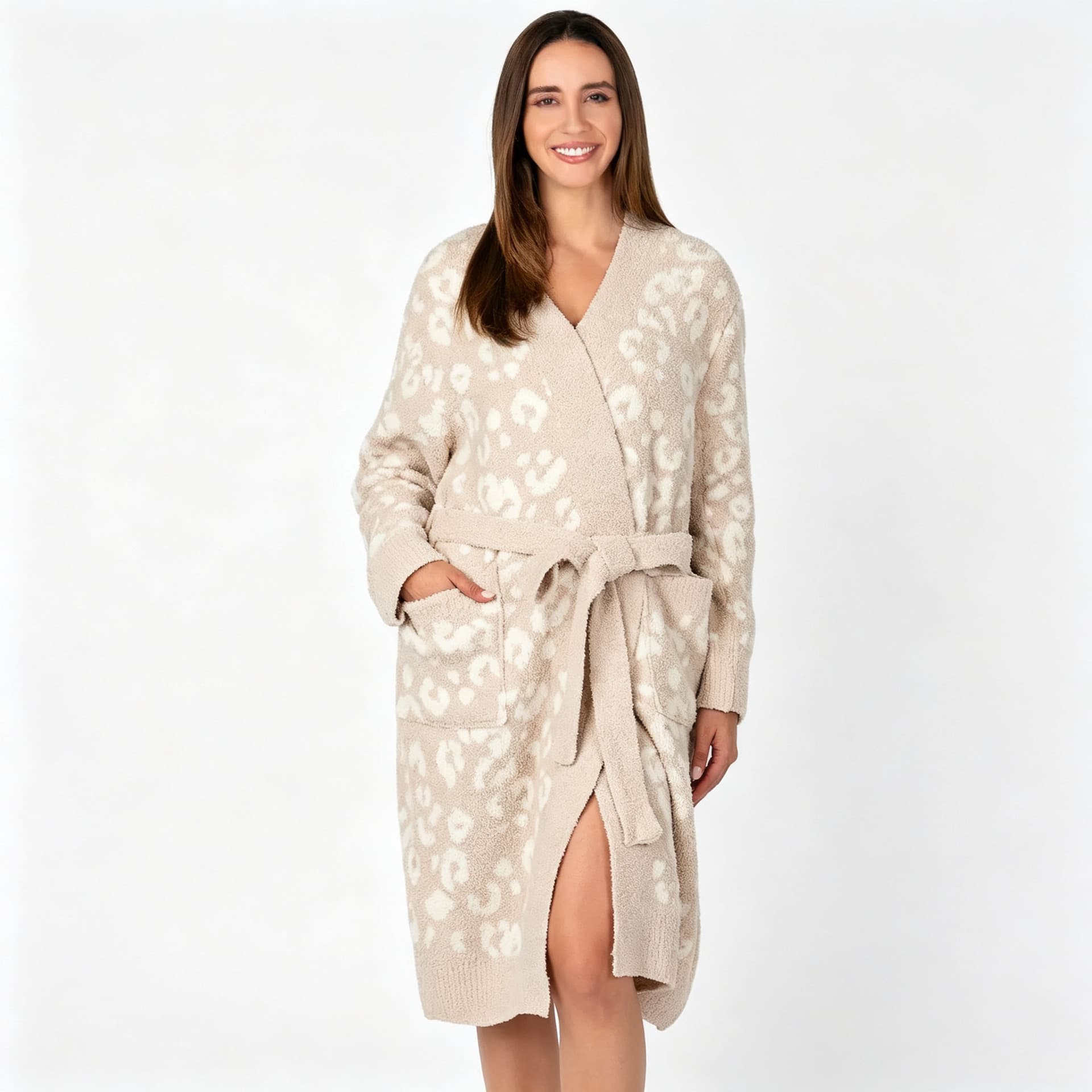 Cross-Border European and American New Leopard Print Bathrobe, Nightgown, Pajamas, Autumn and Winter Plush Thickened Casual Knitted Cardigan, Home Wear for Women