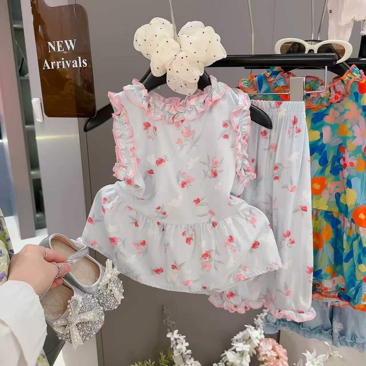 [Custom] Girls' Vest Set 2026 Summer Children's Cotton Silk Rayon Bloomer Pants Sleeveless Top Thin Style