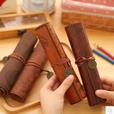 Creative Treasure Map Vintage Canvas Leather Large Capacity Pencil Bag Cute Simple Stationery Box Pencil Case