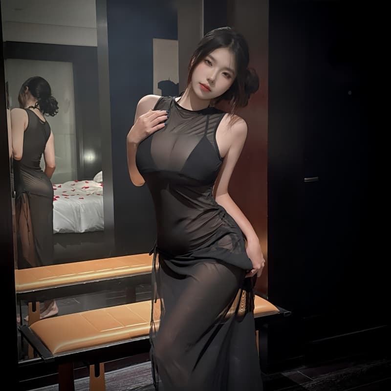 Factory Direct Women's Sexy Three-Piece Bikini Mesh See-Through Split Long Dress Sleepwear Costume