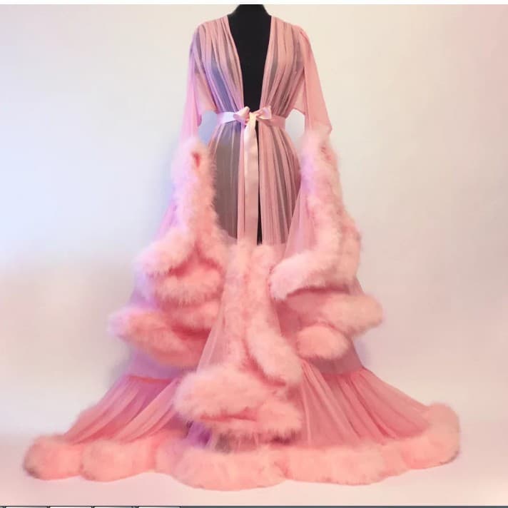 Sexy See-through Feather Long Dress Flare Sleeves - European American Style Lingerie