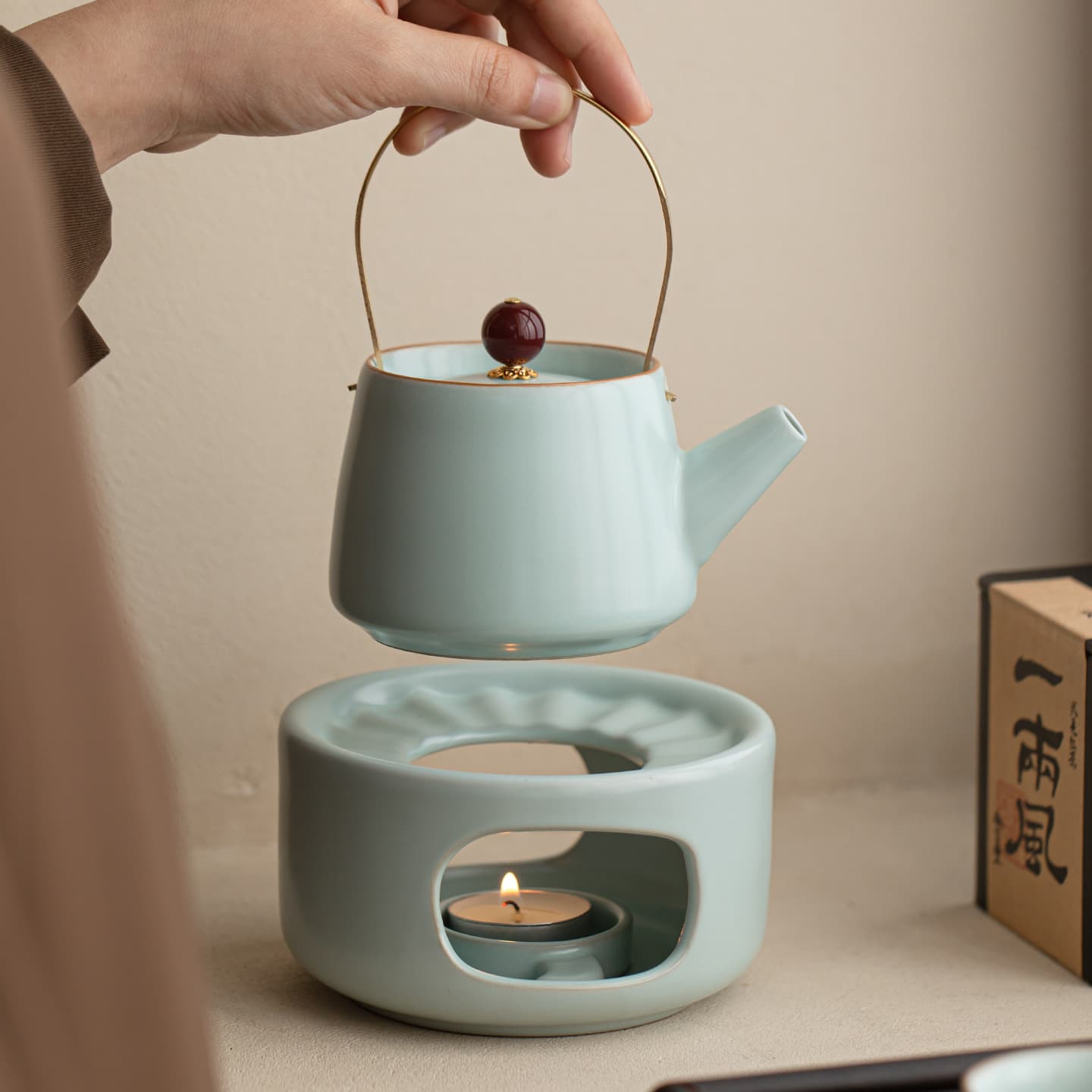 Tea Warmer, Flower Tea Pot, Candle Tea Stove, Ru Kiln Sky Blue Ceramic Base Heating Stove, Insulated Tea Stove Accessories