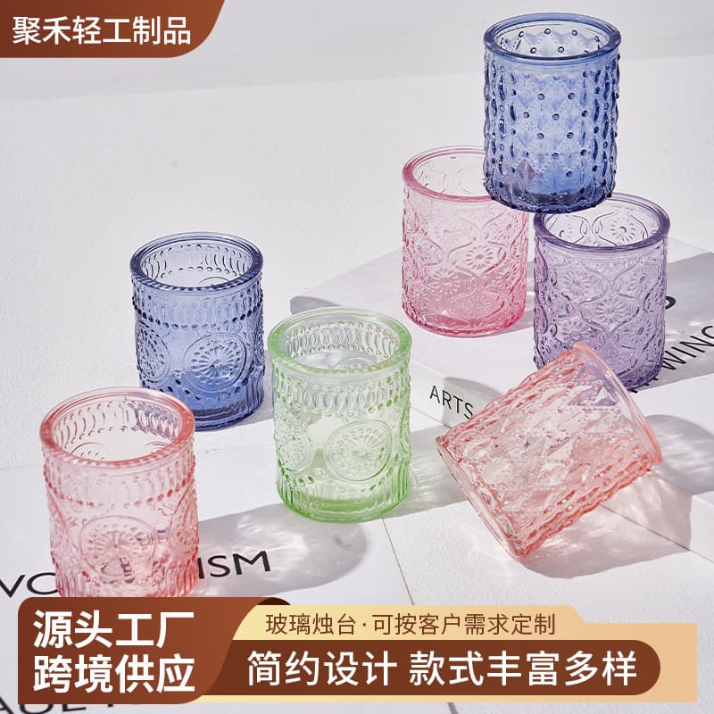 Cross-border glass scented candle holders, wax cups with sunflower diamond patterns, cylindrical transparent multi-colored creative multi-purpose wax holders and display stands.