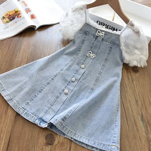 Girls' Elegant Pearl Bubble-Sleeve Soft Denim A-Line Dress, Fashionable Children's Summer New Style