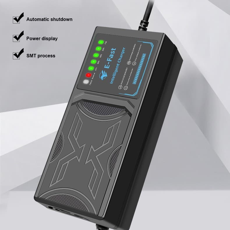 60V20AH Electric Vehicle Charger with 7-LED Power Display, Reverse Connection Protection, Temperature Protection, and Full Charge Shutdown