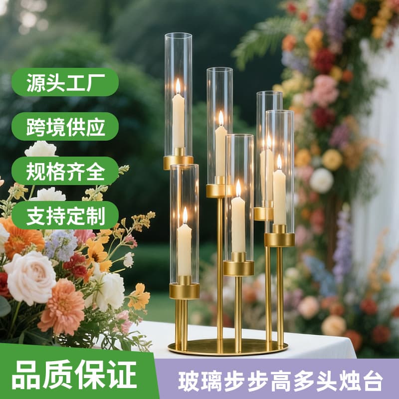 New Cross-border Wedding Props Plum Blossom Pipe Guide Light Wedding Glass Metal Step-by-Step Candleholder Glowing Lamp Decoration