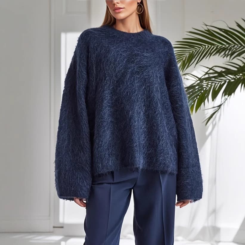 European and American cross-border autumn and winter new mohair knitted loose sweater thickened large size lazy style women's round neck pullover