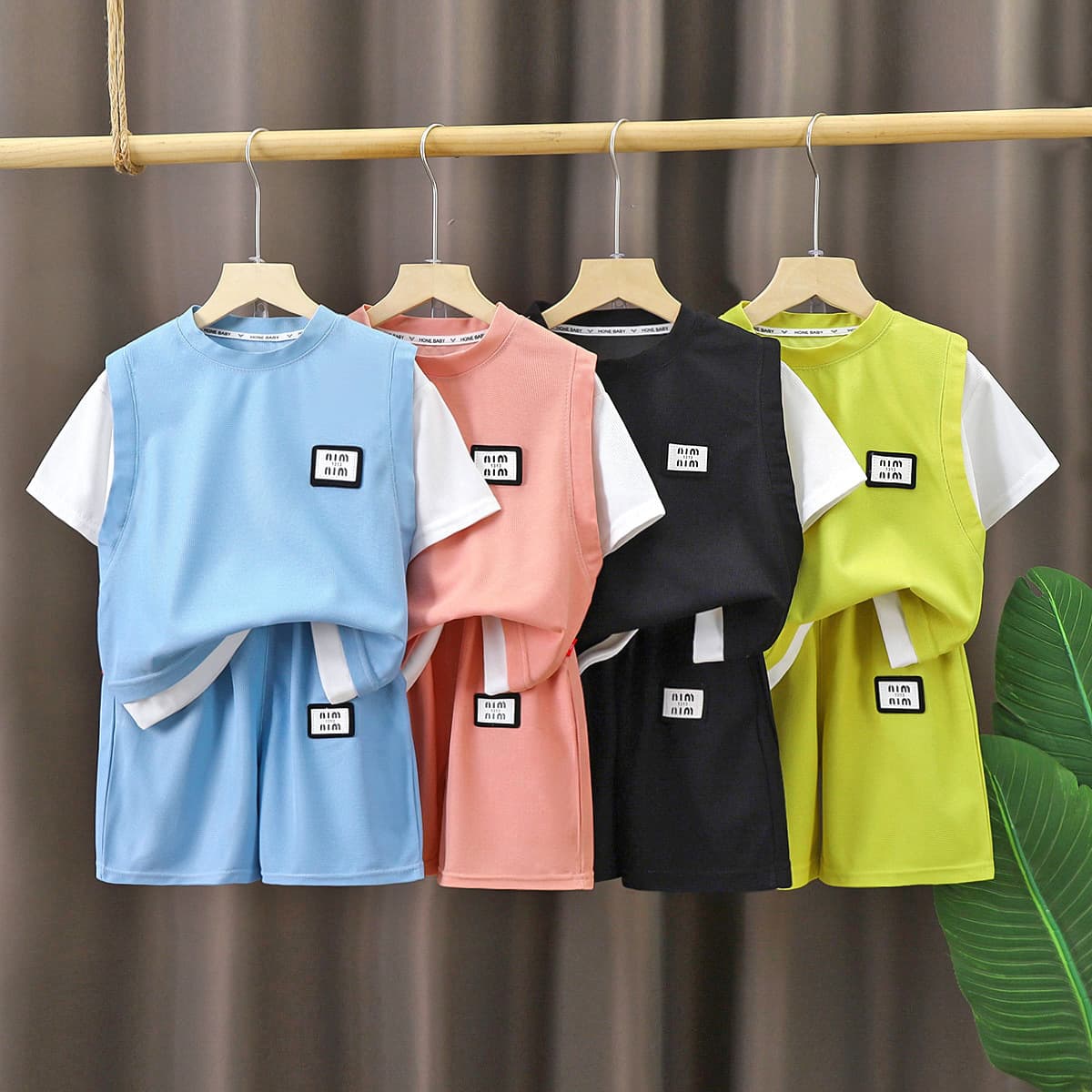 Kids Waffle Short Sleeve Set - Boys Sports Suit, Girls Stylish Fake Two-Piece Short Sleeve and Shorts Outfit