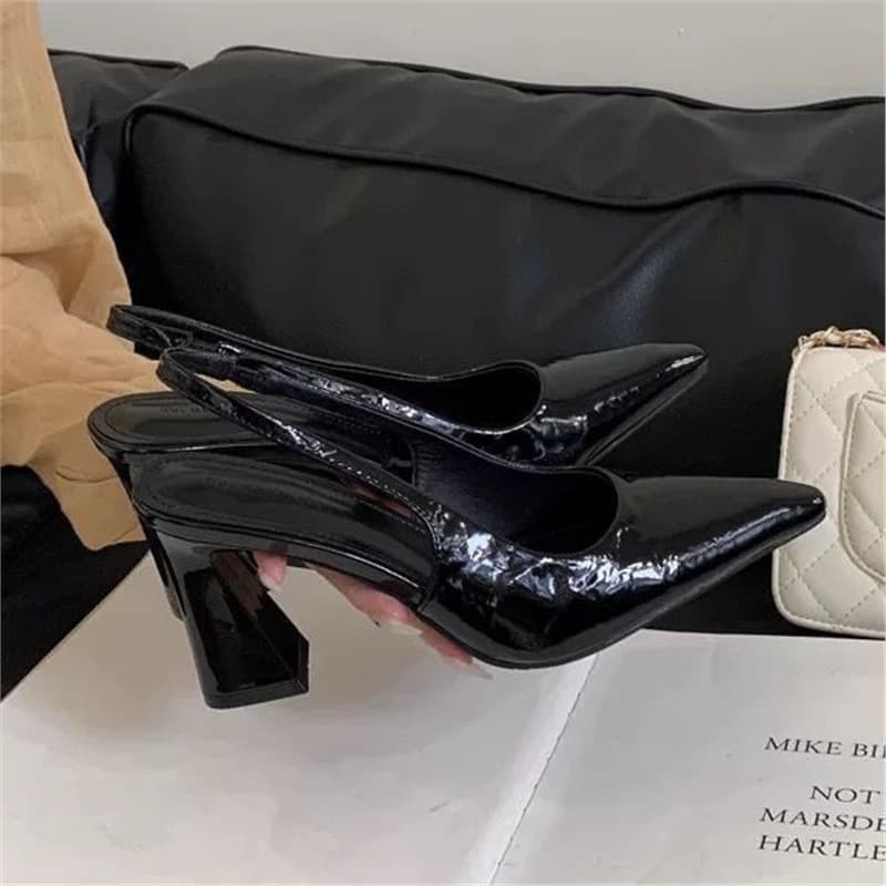 Height Increasing Leg-Lengthening Chunky Heel Backless Ankle Strap Sandals Spring Summer New French Style Design Pointed Toe High Heels for Dresses