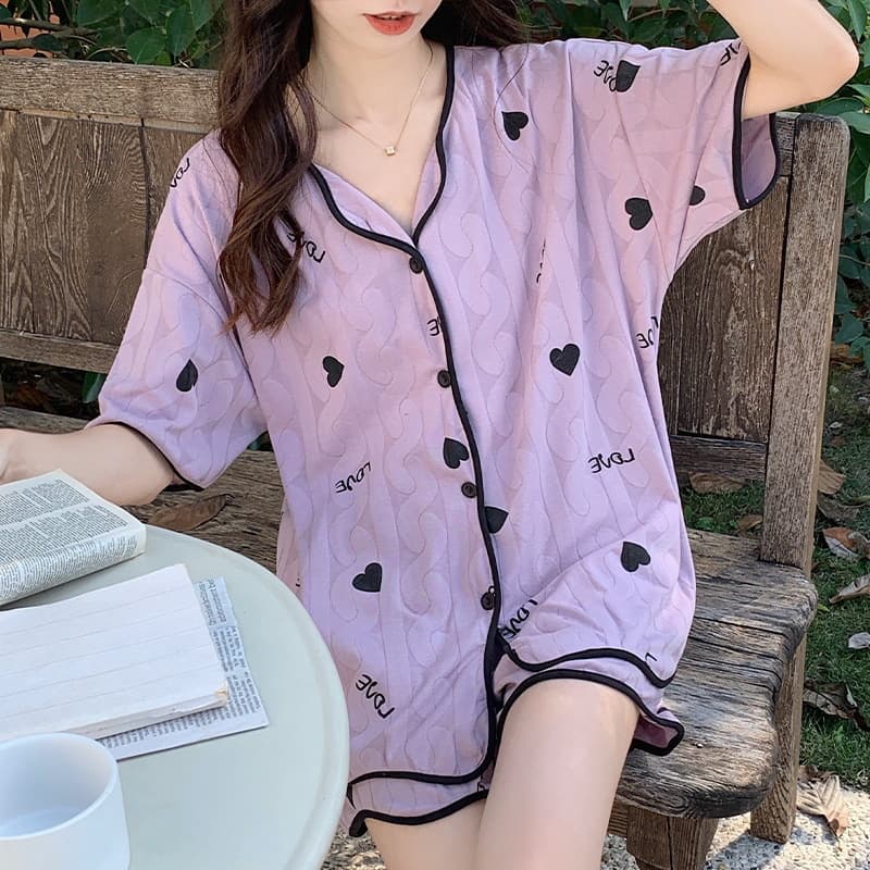 Women's Summer Cardigan Short Sleeve Plus Size Pajamas Homewear Cotton Set Wearable Outdoors Korean Style