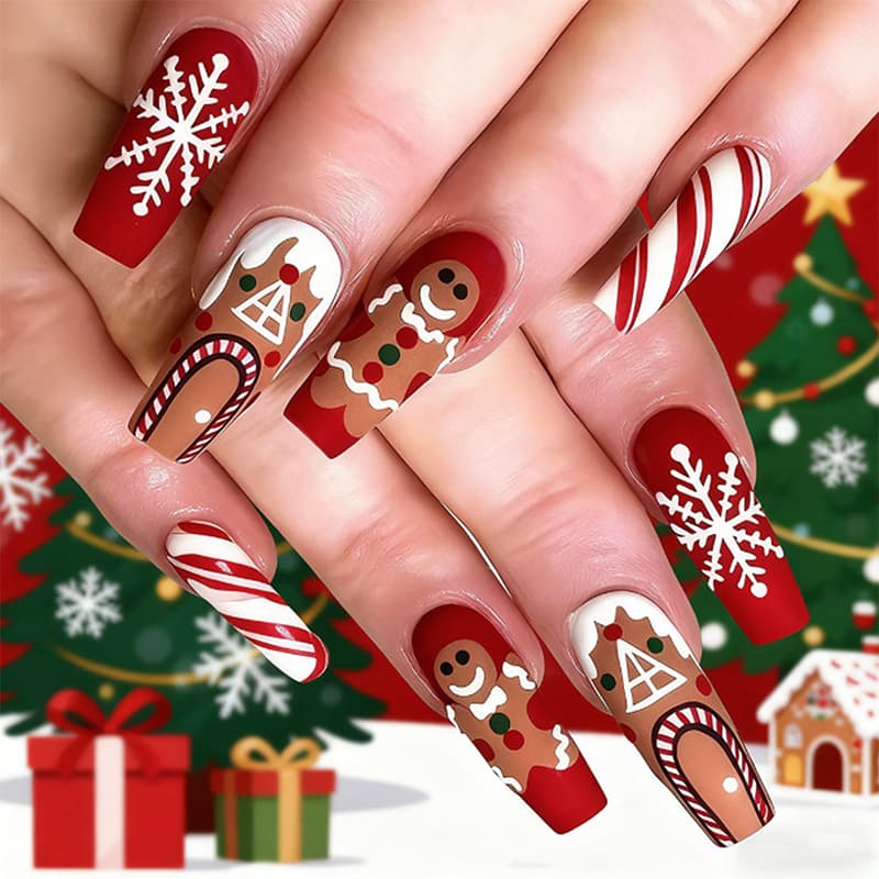 Hot-Selling Cross-Border Wearable Nails for Europe and America Christmas Snowflake Christmas Tree Gingerbread Man Nail Tips False Nails Wearable Nail Tips