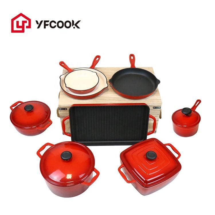 Yuanfang Precision Casting Factory Direct Kitchen Accessories Cookware Enamel Cast Iron Pot Flat Pot Set Cookware Set