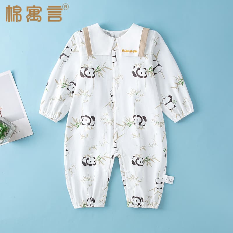 Baby Jumpsuit Summer Thin Western-Style Lapel Cotton Long Sleeve Baby Crawling Suit Cartoon Panda Outfit