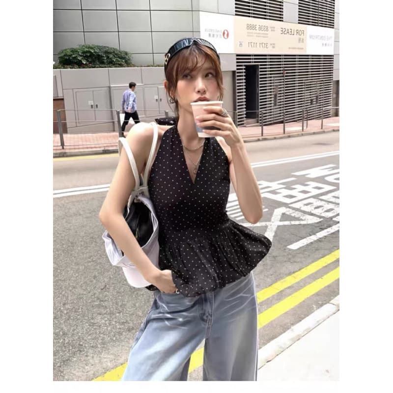 Elegant flower bud puff dotted hem camisole for women spring/summer high-end backless sleeveless halter top