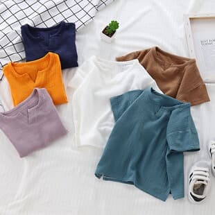 Boys' Summer New Cotton Short Sleeve Top, Pullover Cotton Gauze T-Shirt, Toddler and Kids' Clothes, V-Neck Breathable Baby