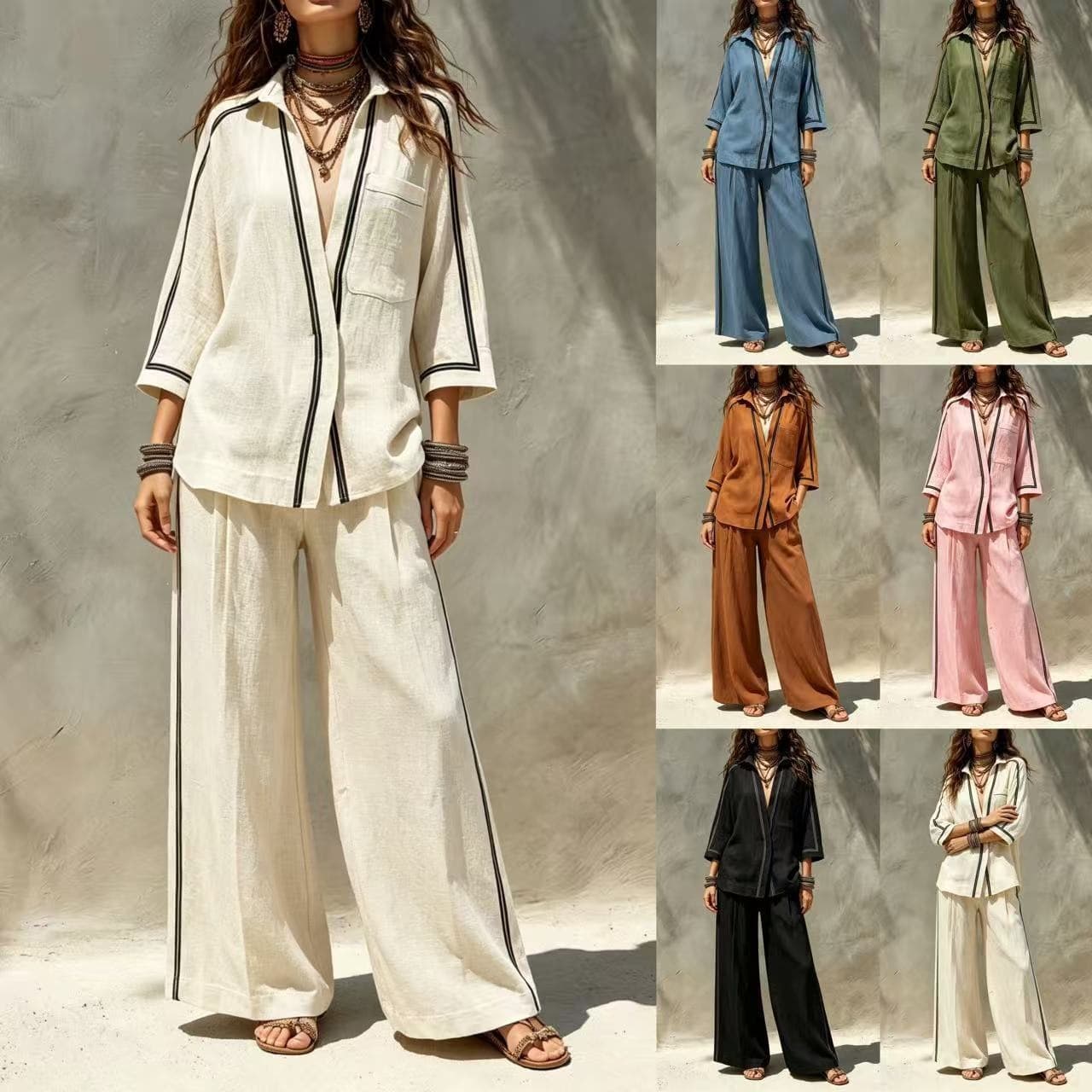 2026 Cross-Border European and American Women's Linen Wide Leg Pants Two-Piece Set Contrast Trim Shirt Vacation Casual Women's Wear