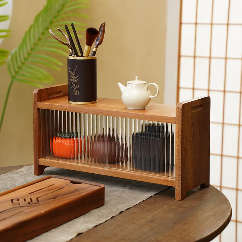 New Chinese style solid wood tea set rack with glass storage for teacups, tea houses, guesthouses, and tea display racks.