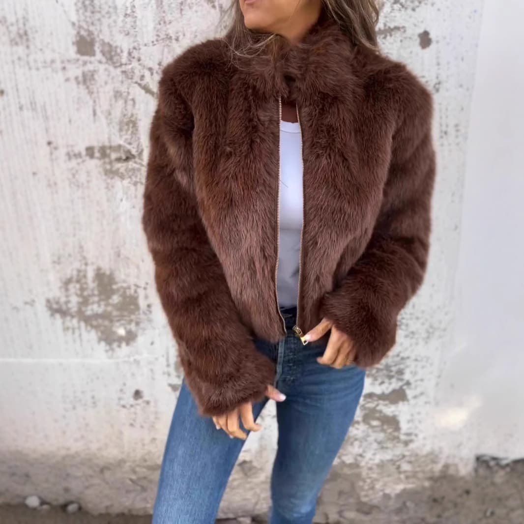 Women's Fur Collar Zipper Casual Top Coat High Neck Autumn Winter Outerwear Comfortable Leisure British Style Fashionable